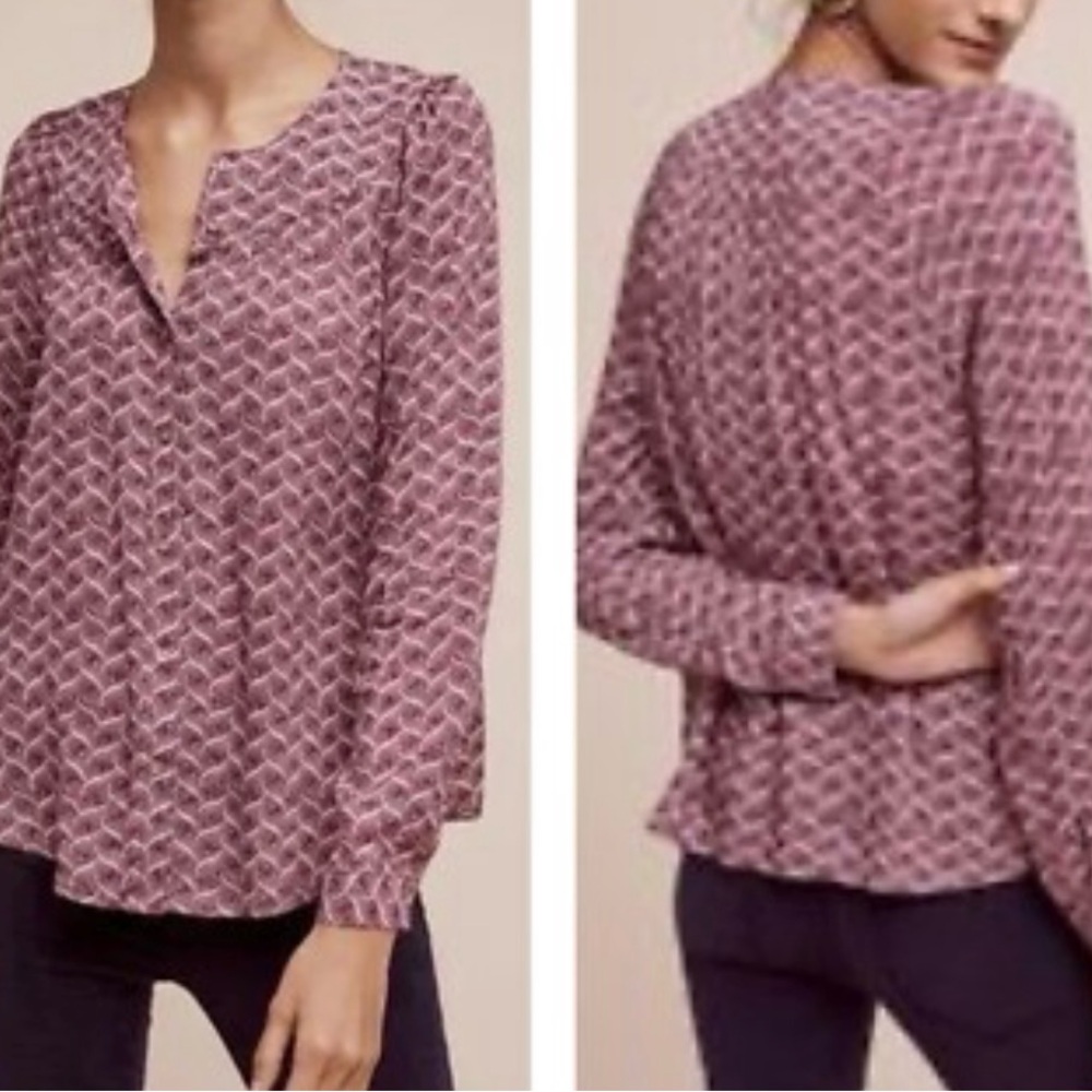 Anthropologie Maeve Purple & White Patterned Long Sleeve Button Up Blouse Size M